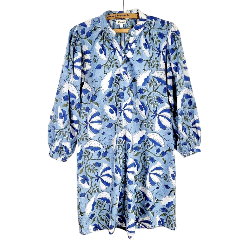 KARNI Indian Blockprint Block Print Mini Shirt Dress Blueberry Blue Hues Resort